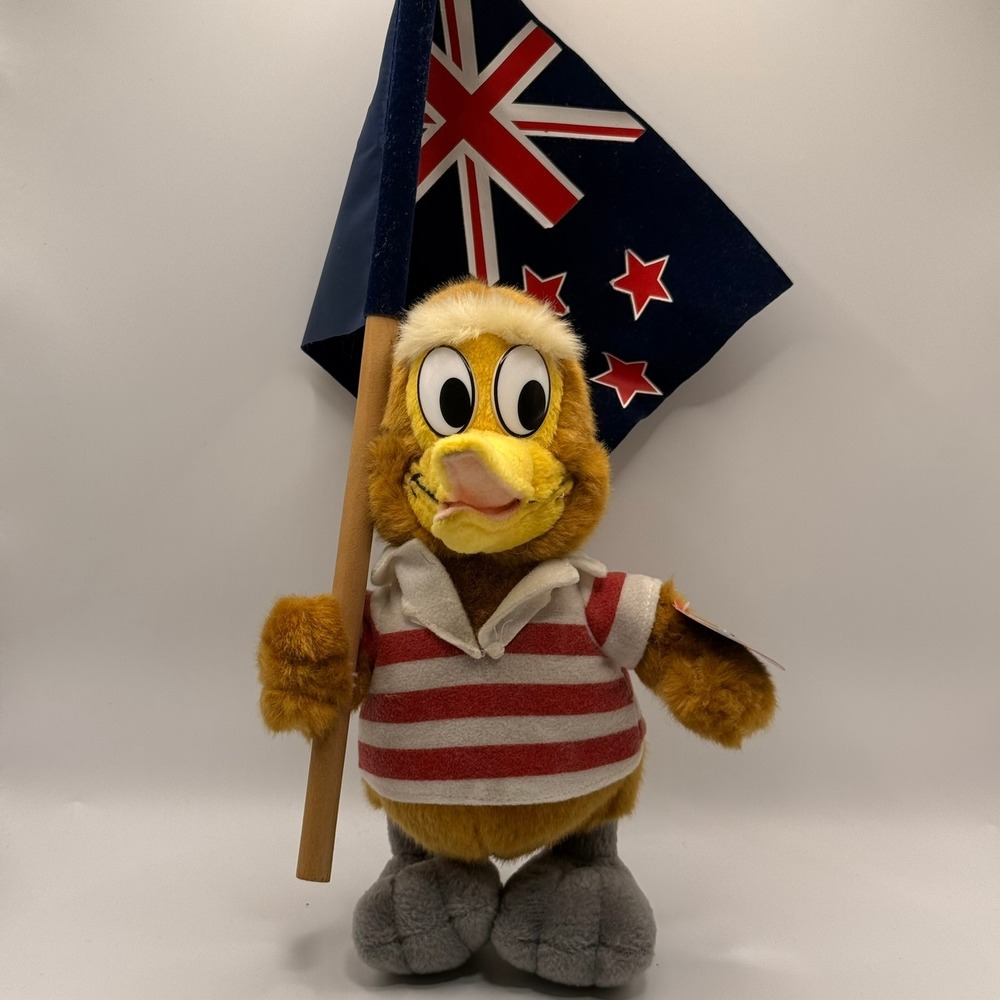 VTG Kwuddles New Zealand Kiwi Bird Plush Holding NZ Flag Striped Shirt Souvenir